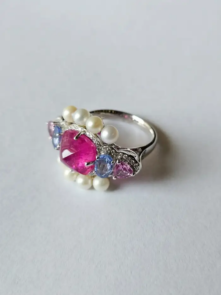 18k White Gold Tourmaline Gemstone Ring - Natural Diamond, Multi Sapphire & Fresh Water Pearl Ring