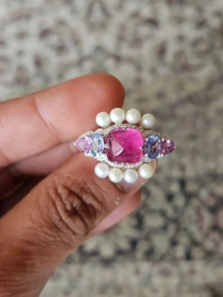 18k White Gold Tourmaline Gemstone Ring - Natural Diamond, Multi Sapphire & Fresh Water Pearl Ring