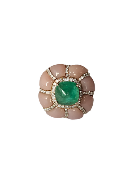 18k Rose Gold Diamond Cocktail Ring - Natural Zambian Emerald & Pink Opal Wedding Ring