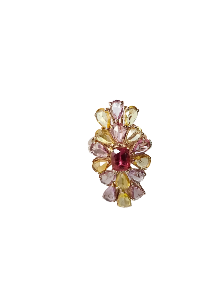 1.04 Ct. Tourmaline Gemstone Gold Ring - Natural Multi Sapphire & Diamond Cocktail Ring - 18k Rose Gold Diamond Ring