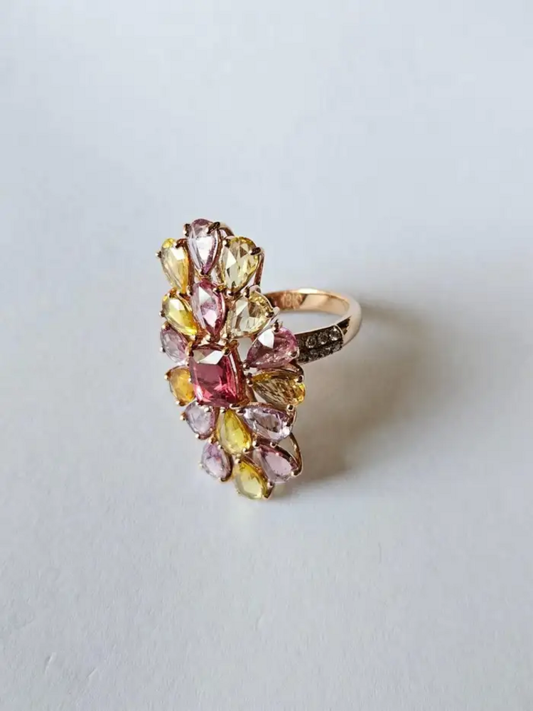 1.04 Ct. Tourmaline Gemstone Gold Ring - Natural Multi Sapphire & Diamond Cocktail Ring - 18k Rose Gold Diamond Ring