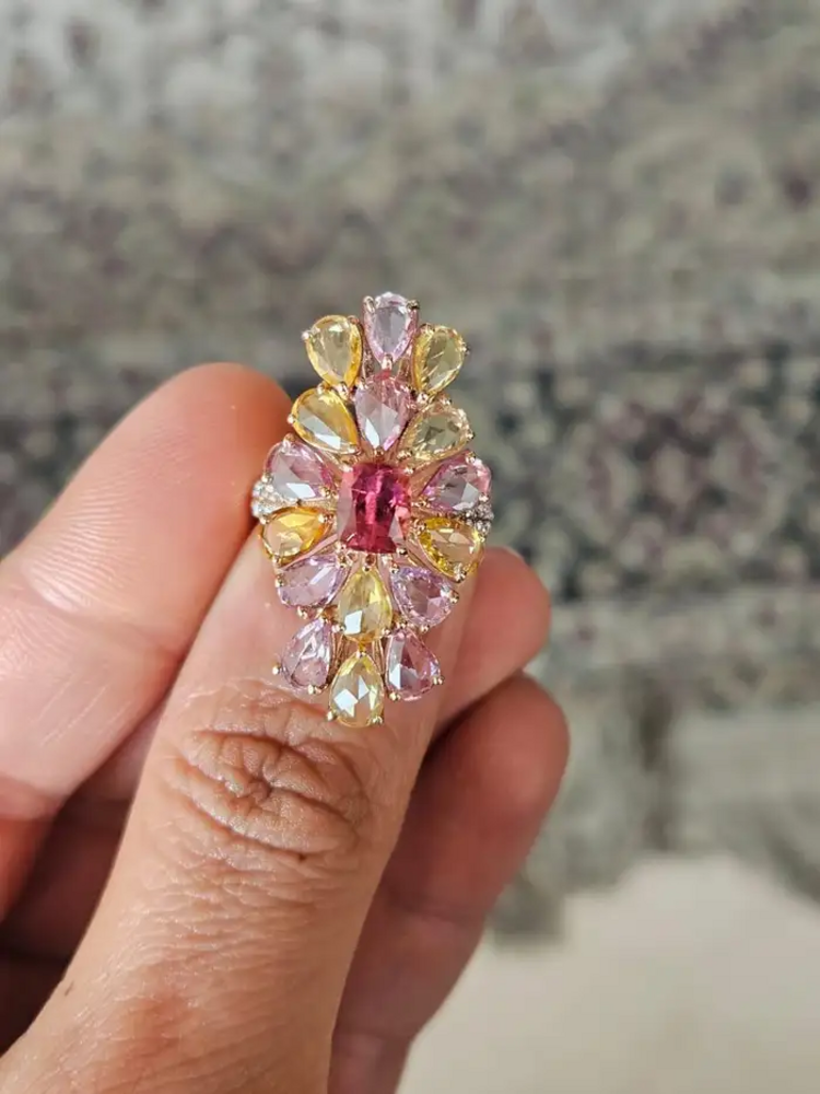 1.04 Ct. Tourmaline Gemstone Gold Ring - Natural Multi Sapphire & Diamond Cocktail Ring - 18k Rose Gold Diamond Ring