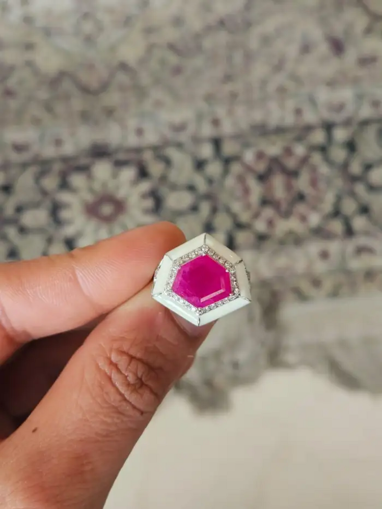 Mozambique Ruby & Diamond Ring - 18k White Gold Handmade Ring With White Enamel