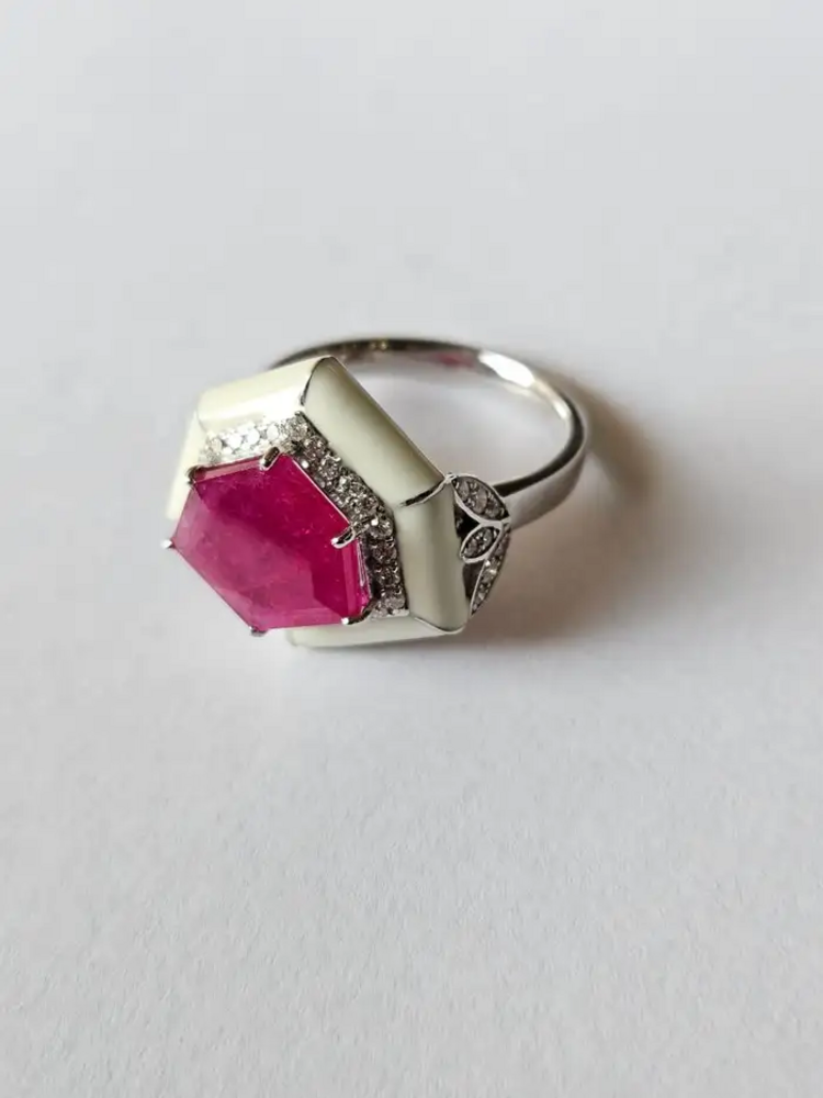 Mozambique Ruby & Diamond Ring - 18k White Gold Handmade Ring With White Enamel