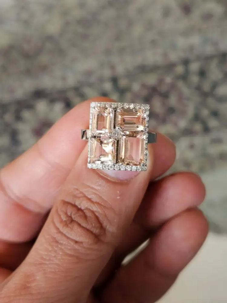 Natural Morganite Gemstone Cocktail Ring - 18k White Gold Handmade Ring With Rose Cut Diamond