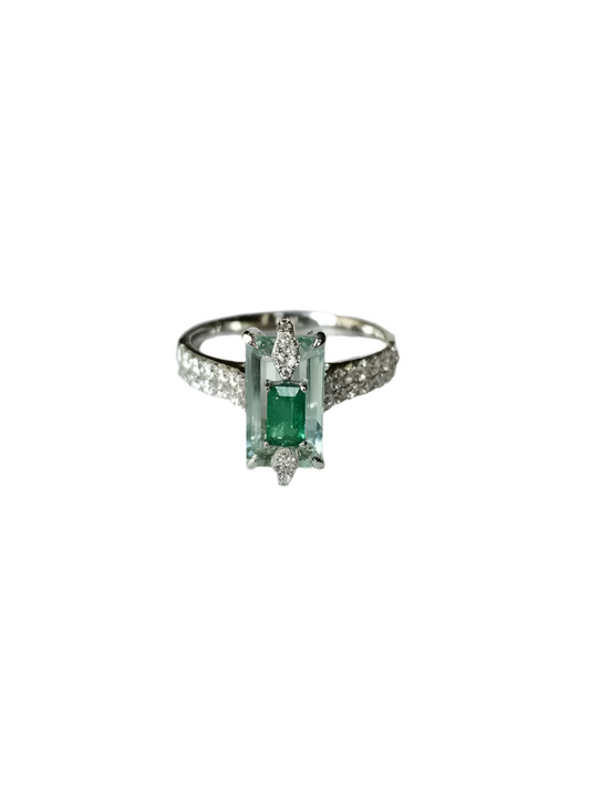 Natural Aquamarine & Zambian Emerald Engagement Ring - 18k White Gold Handmade Ring
