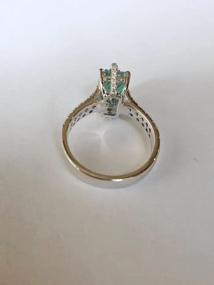 Natural Aquamarine & Zambian Emerald Engagement Ring - 18k White Gold Handmade Ring