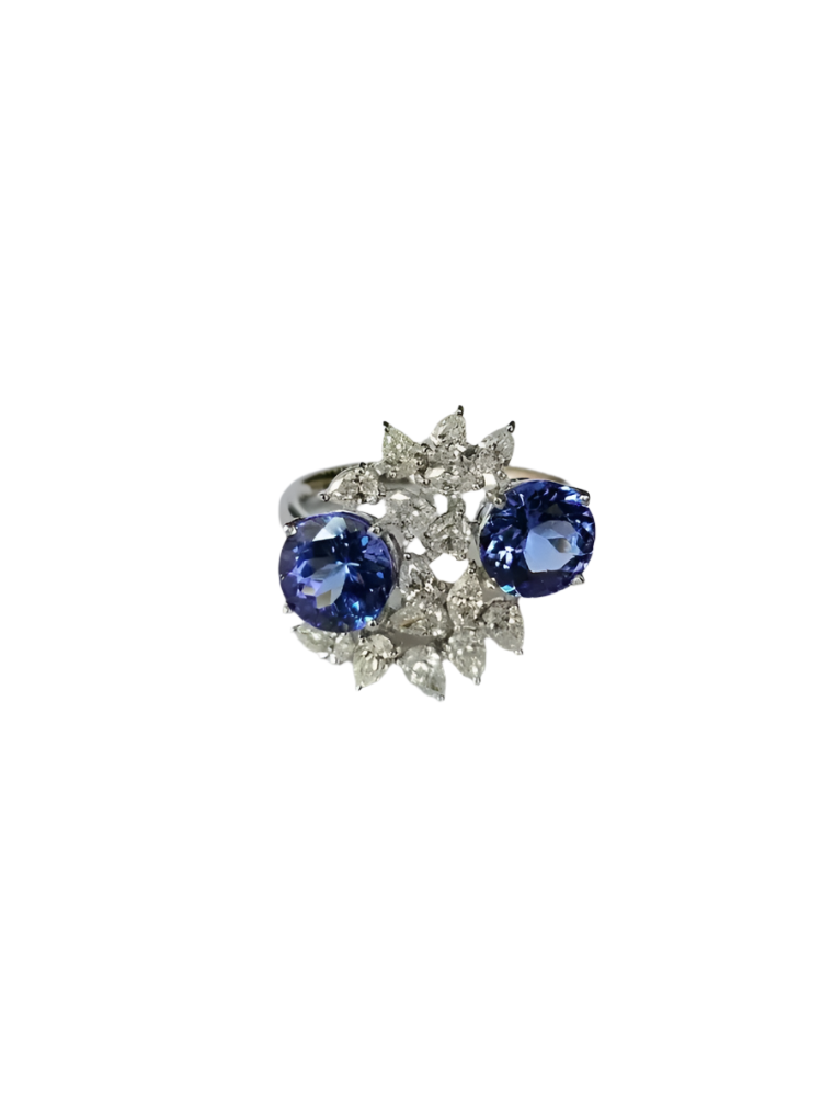 Natural Tanzanite Gemstone & Diamond Wedding Ring - 18k White Gold Handmade Ring