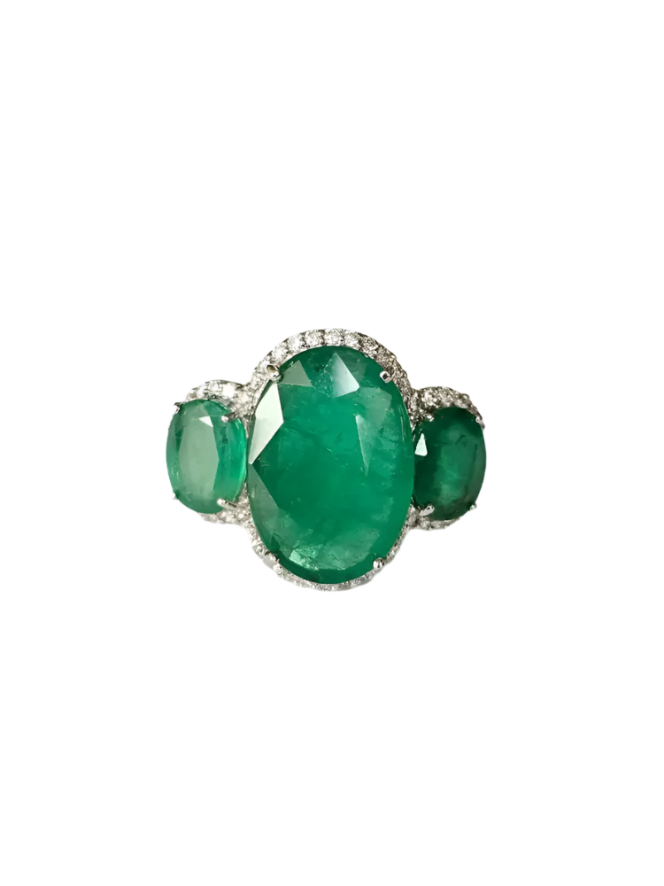 18k White Gold Handmade Ring - Natural Zambian Emerald & Diamond Wedding Ring