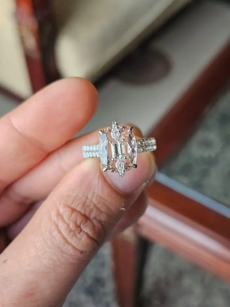 3.66 Ct. Morganite Gemstone Wedding Ring - 18k White Gold Diamond Engagement Ring
