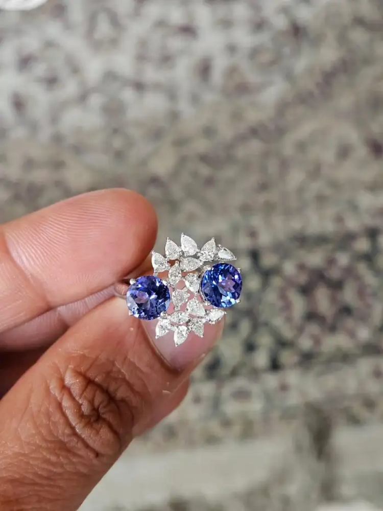 Natural Tanzanite Gemstone & Diamond Wedding Ring - 18k White Gold Handmade Ring