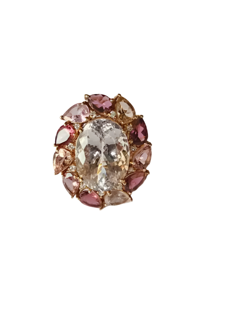 8.47 Ct. Morganite & Tourmaline Gemstone Cocktail Ring - 18k Yellow Gold Diamond Ring