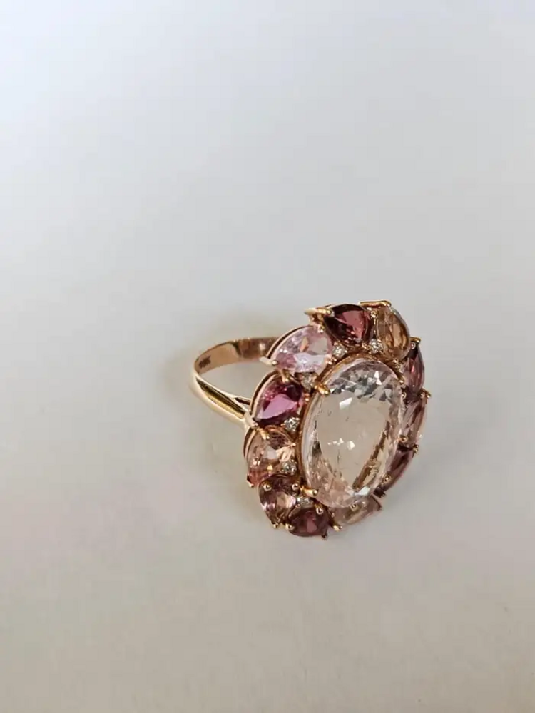 8.47 Ct. Morganite & Tourmaline Gemstone Cocktail Ring - 18k Yellow Gold Diamond Ring
