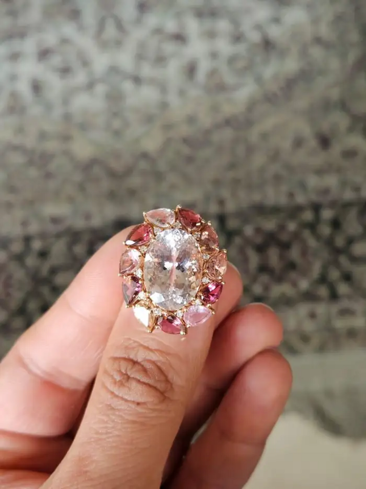 8.47 Ct. Morganite & Tourmaline Gemstone Cocktail Ring - 18k Yellow Gold Diamond Ring