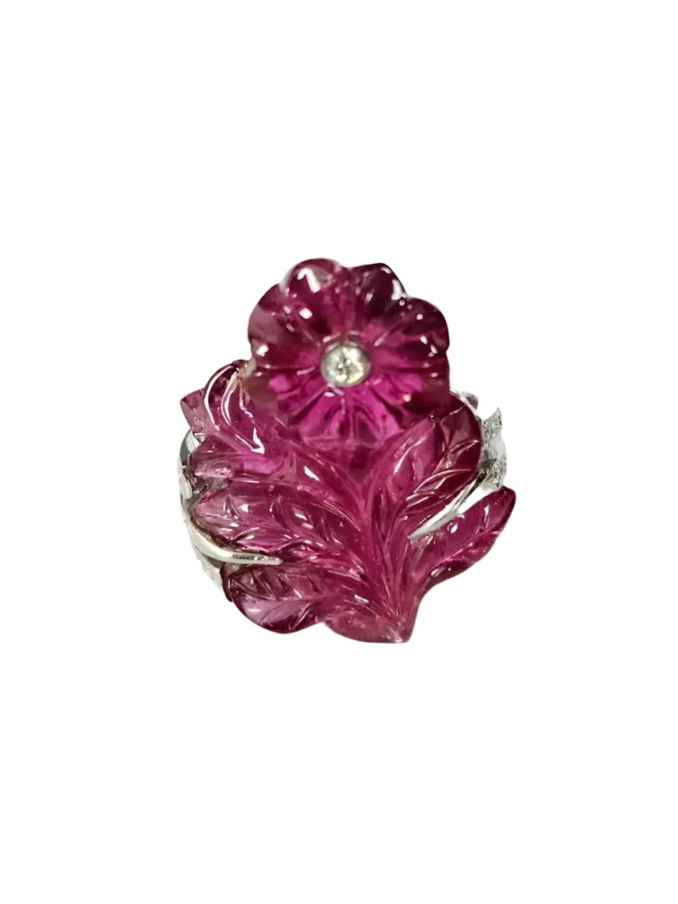 33.00 Ct. Carved Tourmaline Ring - 18k Gold Diamond Big Ring - Gemstone Floral Ring