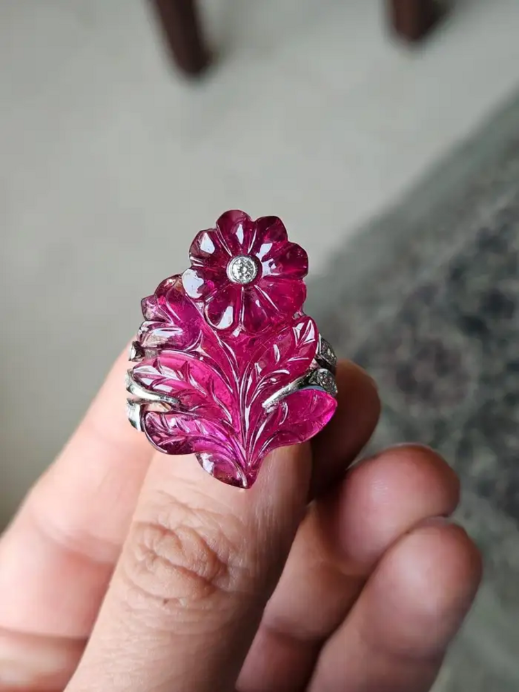 33.00 Ct. Carved Tourmaline Ring - 18k Gold Diamond Big Ring - Gemstone Floral Ring