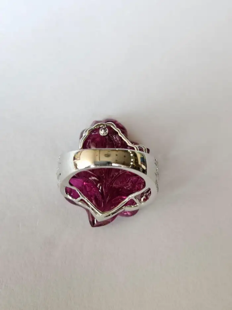 33.00 Ct. Carved Tourmaline Ring - 18k Gold Diamond Big Ring - Gemstone Floral Ring