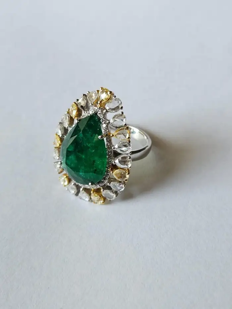 18k Two Tone Gold Ring - Natural Pear Shape Zambian Emerald & Diamond Ring