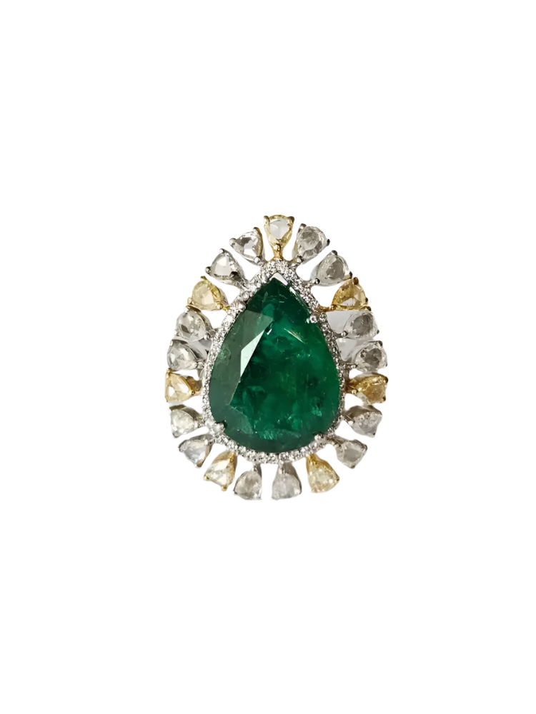 18k Two Tone Gold Ring - Natural Pear Shape Zambian Emerald & Diamond Ring