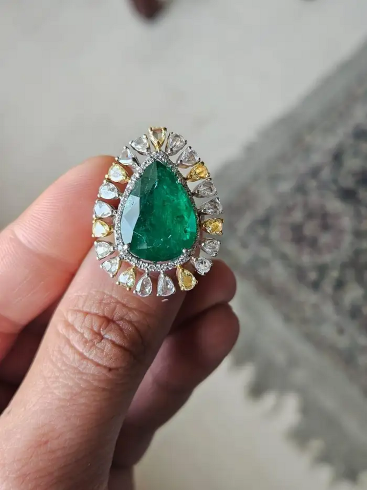 18k Two Tone Gold Ring - Natural Pear Shape Zambian Emerald & Diamond Ring