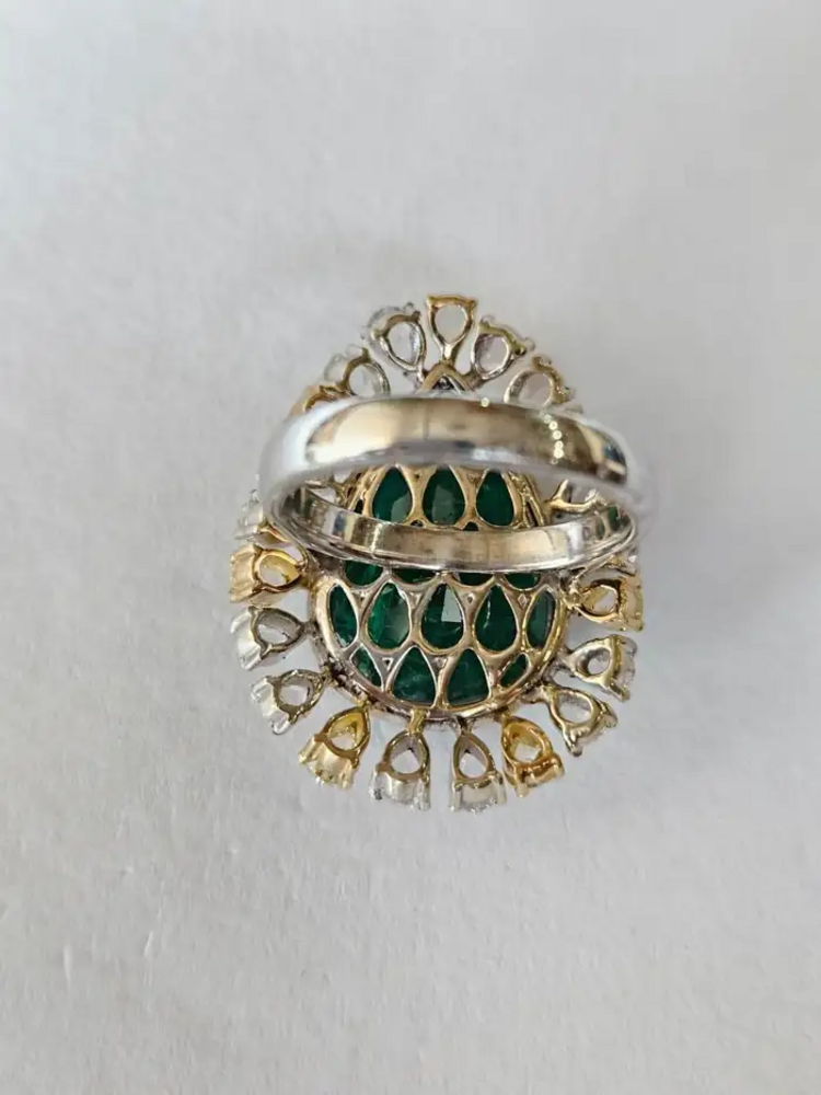 18k Two Tone Gold Ring - Natural Pear Shape Zambian Emerald & Diamond Ring