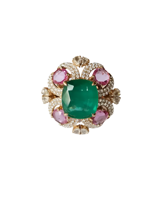 Natural Zambian Emerald & Ceylon Pink Sapphire Ring - 18k Rose Gold Diamond Wedding Ring