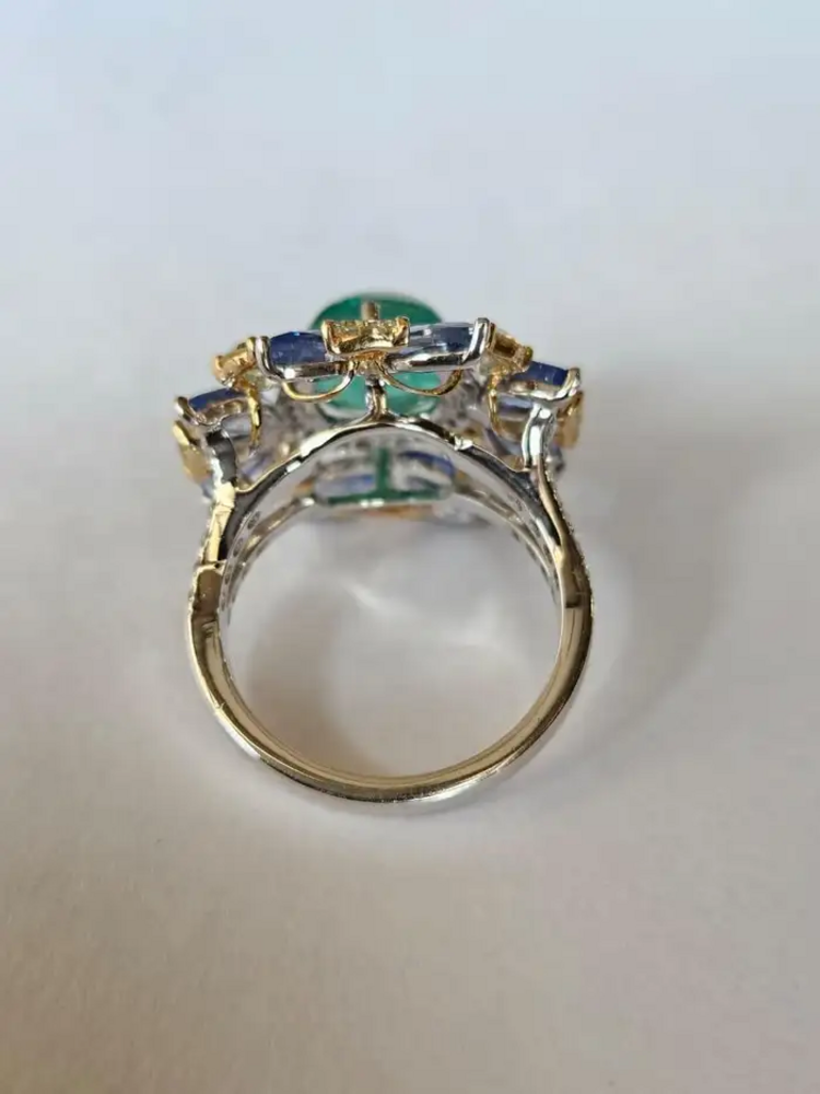 Natural Sugarloaf Zambian Emerald & Blue Sapphire Ring - 18k White Gold Handmade Diamond Ring