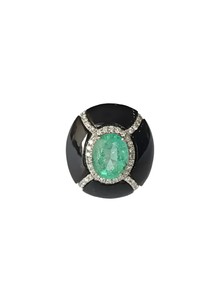 18k White Gold Diamond Cocktail Ring - Natural Colombian Emerald & Black Onyx Statement Ring