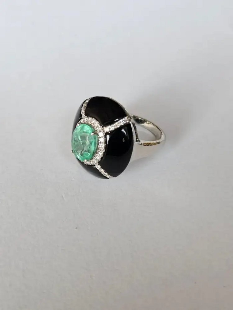 18k White Gold Diamond Cocktail Ring - Natural Colombian Emerald & Black Onyx Statement Ring