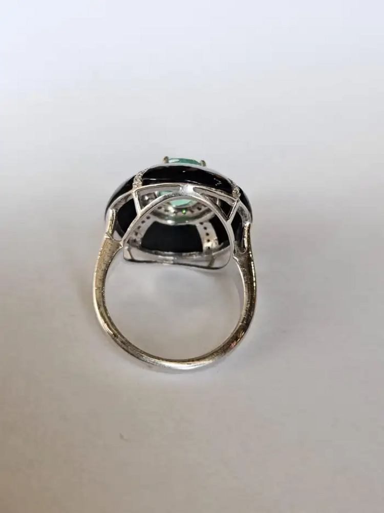 18k White Gold Diamond Cocktail Ring - Natural Colombian Emerald & Black Onyx Statement Ring
