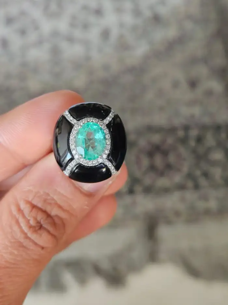 18k White Gold Diamond Cocktail Ring - Natural Colombian Emerald & Black Onyx Statement Ring