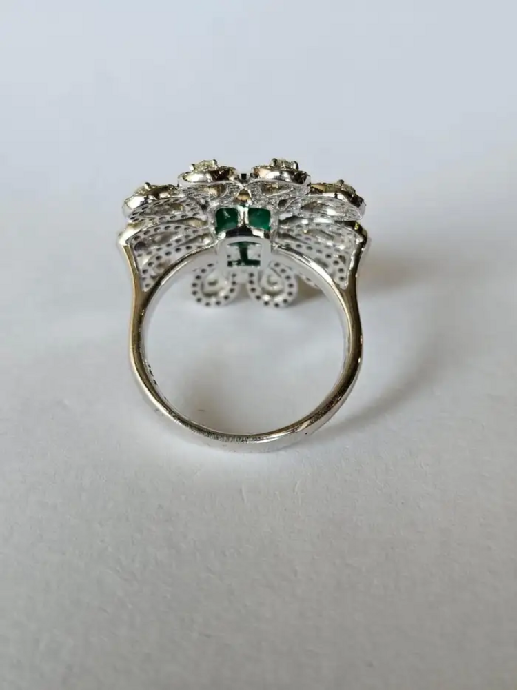 Solid 18k White Gold Diamond Floral Wedding Ring - Natural Zambian Emerald Statement Ring