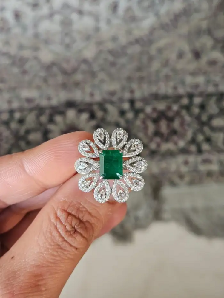 Solid 18k White Gold Diamond Floral Wedding Ring - Natural Zambian Emerald Statement Ring