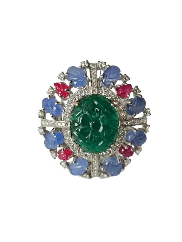 18k White Gold Handmade Cocktail Ring - Carved Emerald, Blue Sapphire & Ruby Statement Ring - Gold Diamond Women Ring