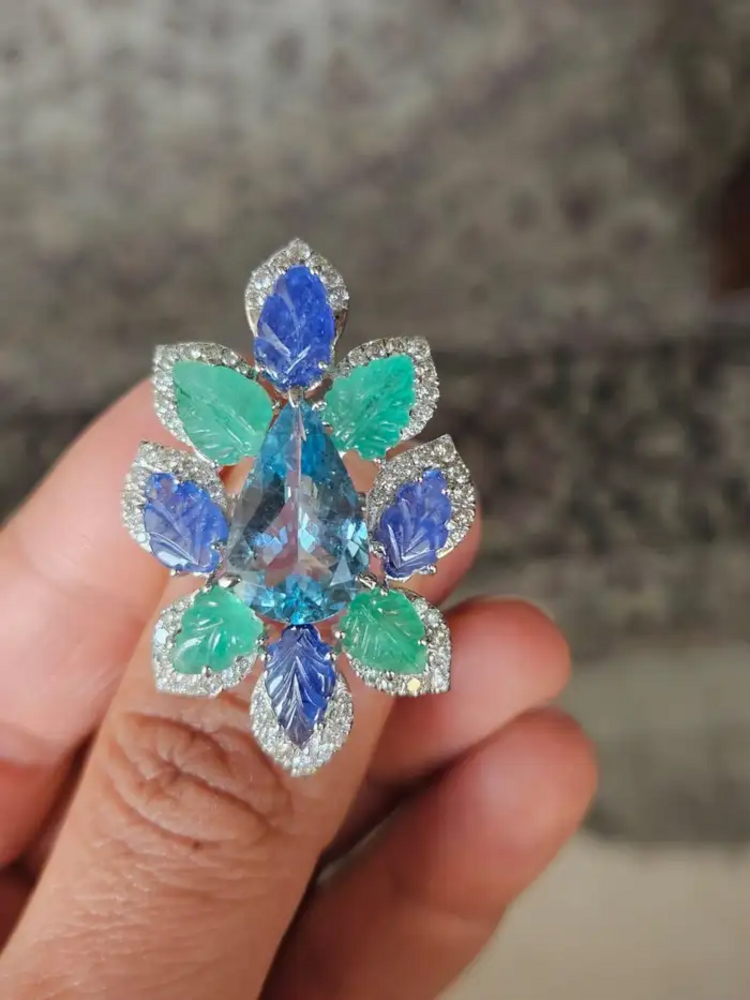 Aquamarine, Blue Sapphires, Emeralds & Diamonds Cocktail Ring - 18k White Gold Diamond Statement Ring