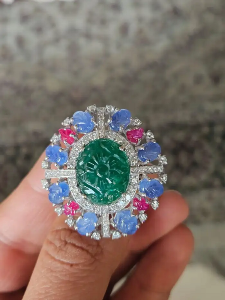 18k White Gold Handmade Cocktail Ring - Carved Emerald, Blue Sapphire & Ruby Statement Ring - Gold Diamond Women Ring