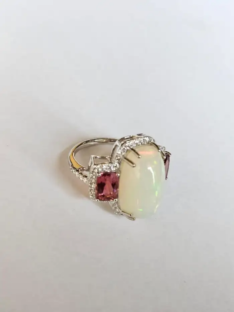 Natural Ethiopian Opal & Rubellite Statement Ring - 18k White Gold Diamond Women Ring