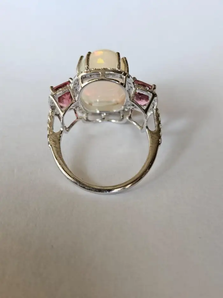Natural Ethiopian Opal & Rubellite Statement Ring - 18k White Gold Diamond Women Ring