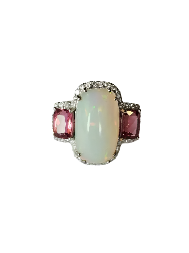 Natural Ethiopian Opal & Rubellite Statement Ring - 18k White Gold Diamond Women Ring