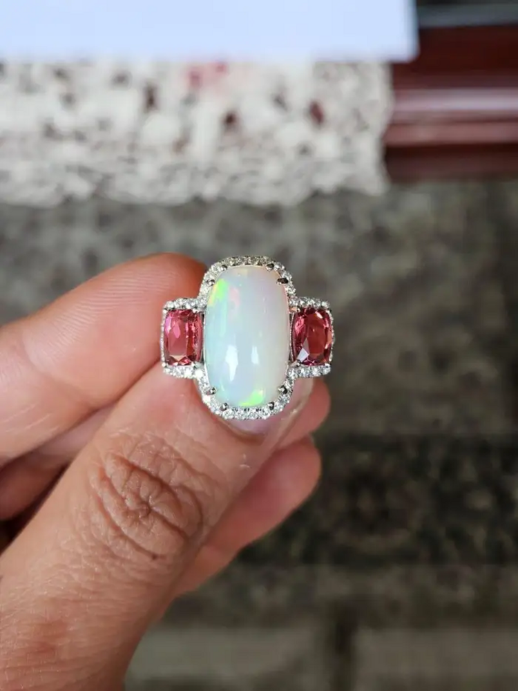 Natural Ethiopian Opal & Rubellite Statement Ring - 18k White Gold Diamond Women Ring