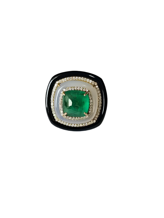 18K Yellow Gold Emerald Ring with Chalcedony, Black Onyx & Diamond Accents – Luxury Statement Jewelry