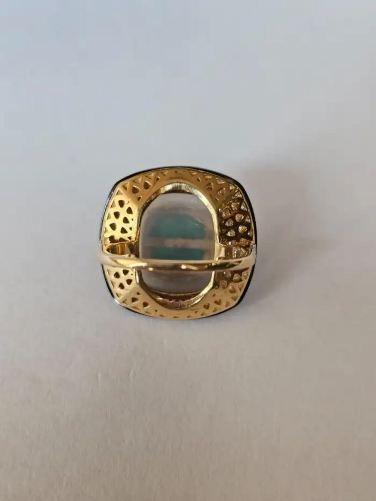 18K Yellow Gold Emerald Ring with Chalcedony, Black Onyx & Diamond Accents – Luxury Statement Jewelry