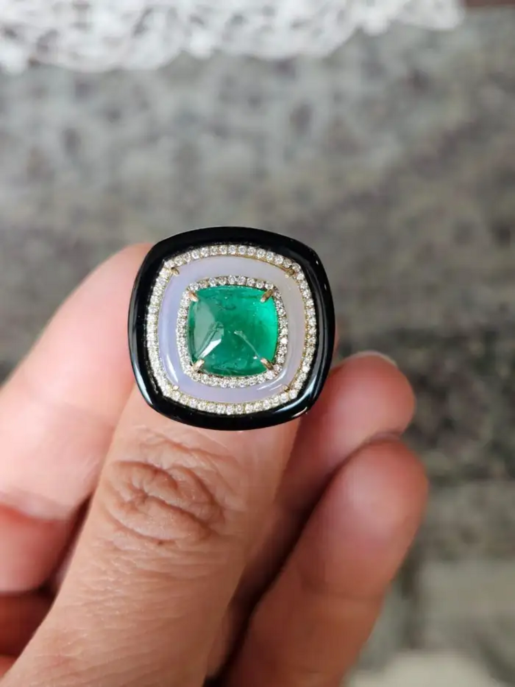 18K Yellow Gold Emerald Ring with Chalcedony, Black Onyx & Diamond Accents – Luxury Statement Jewelry
