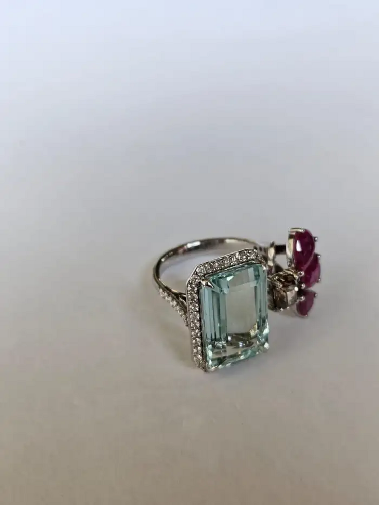 18k White Gold Brown Diamond Cuff Ring - Natural Aquamarine & Ruby Engagement Ring