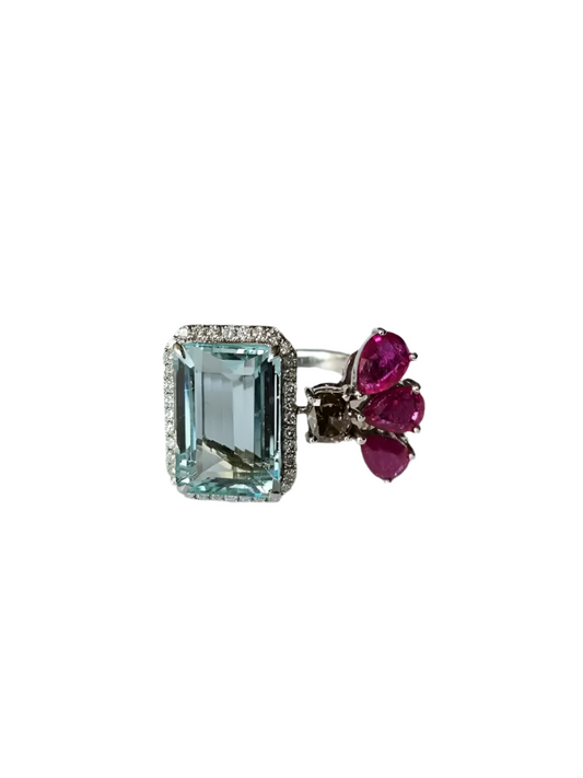 18k White Gold Brown Diamond Cuff Ring - Natural Aquamarine & Ruby Engagement Ring