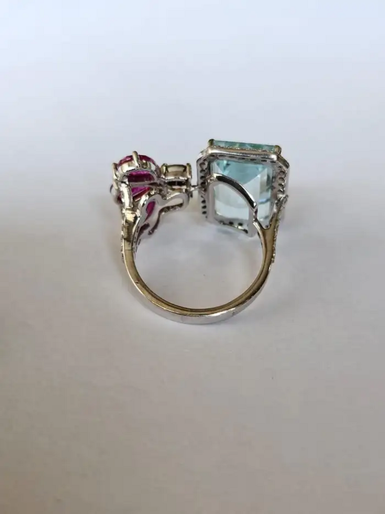 18k White Gold Brown Diamond Cuff Ring - Natural Aquamarine & Ruby Engagement Ring