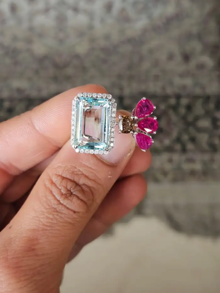 18k White Gold Brown Diamond Cuff Ring - Natural Aquamarine & Ruby Engagement Ring