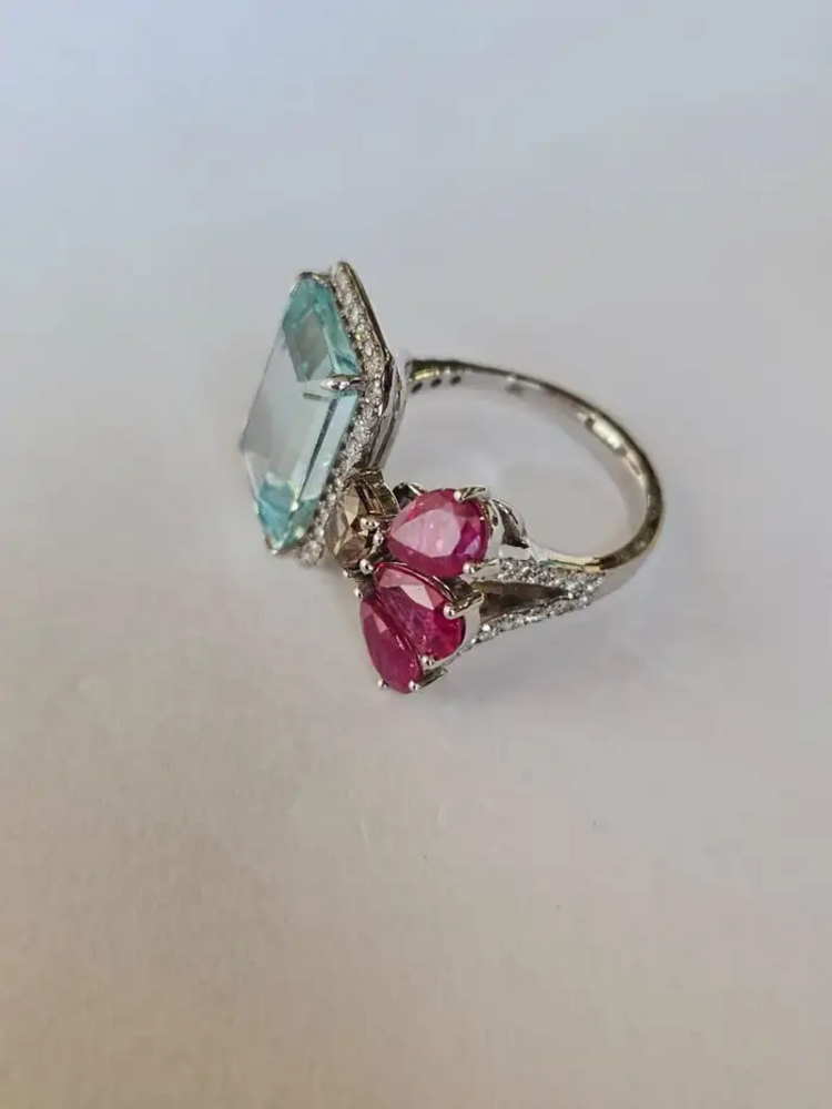 18k White Gold Brown Diamond Cuff Ring - Natural Aquamarine & Ruby Engagement Ring
