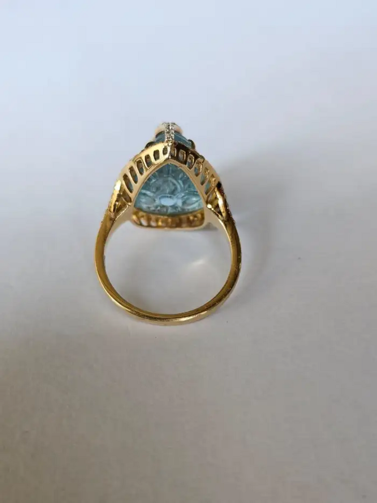 18k Yellow Gold Handmade Statement Ring - Natural Aquamarine & Rose Cut Diamonds Cocktail Ring