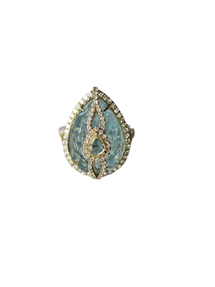 18k Yellow Gold Handmade Statement Ring - Natural Aquamarine & Rose Cut Diamonds Cocktail Ring